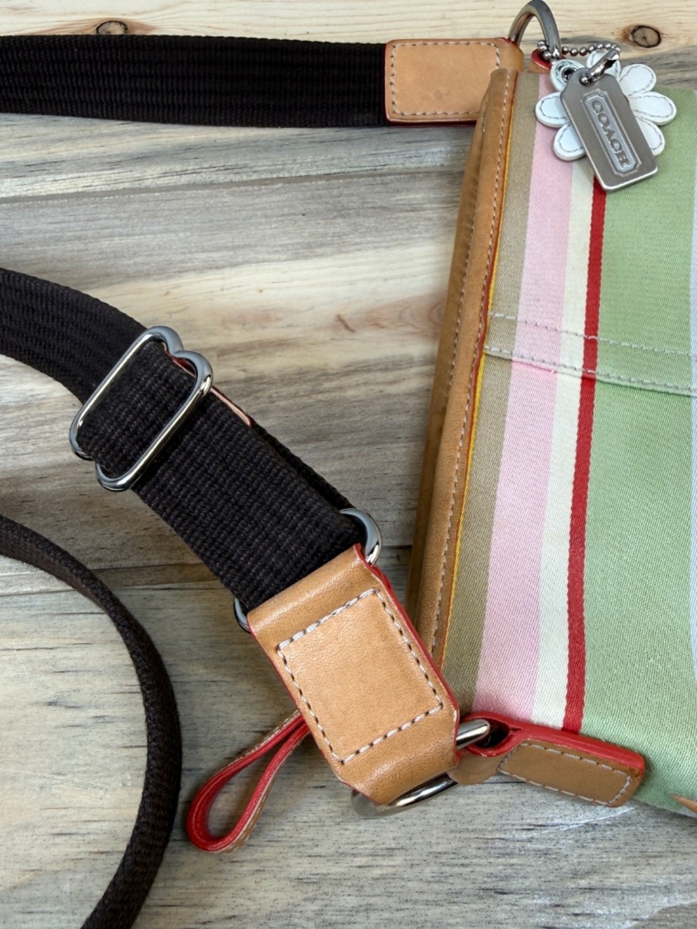 Coach Striped Hamptons Fabric and Leather Crossbody Bag Multi Color Daisy Charm - Picture 10 of 11